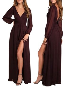 NWT Lulus Enchant My Love Dark Purple V-Neck Long Sleeve Chiffon Maxi Dress